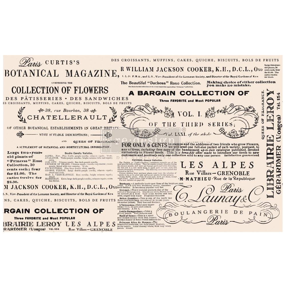 Floral Text - Fiber Tissue Paper Decoupage - 1 sheet