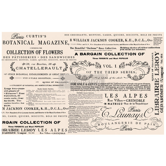 Floral Text - Fiber Tissue Paper Decoupage - 1 sheet