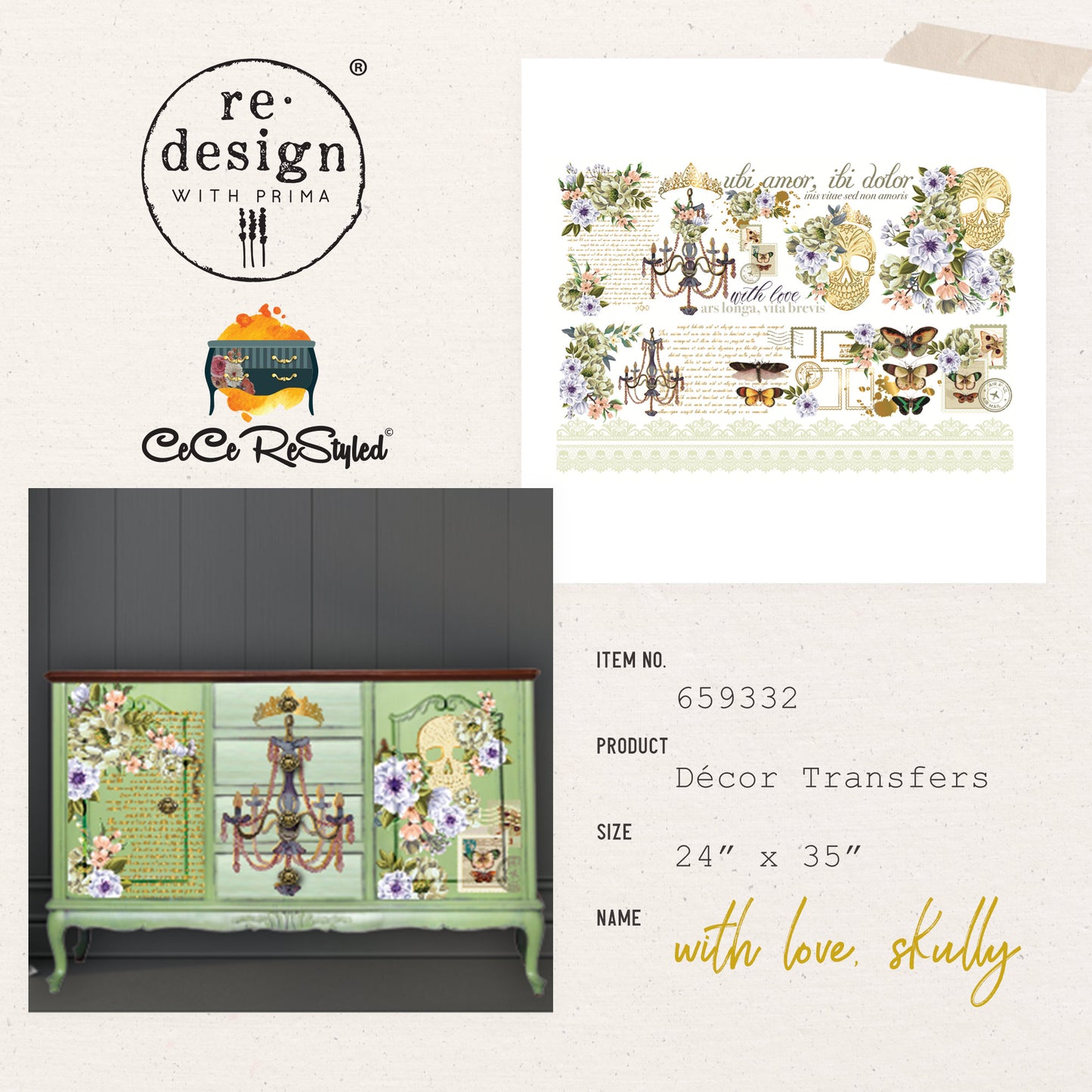 CeCe Decor Transfers® 24x35 - With Love Skully, cut into 2 sheets